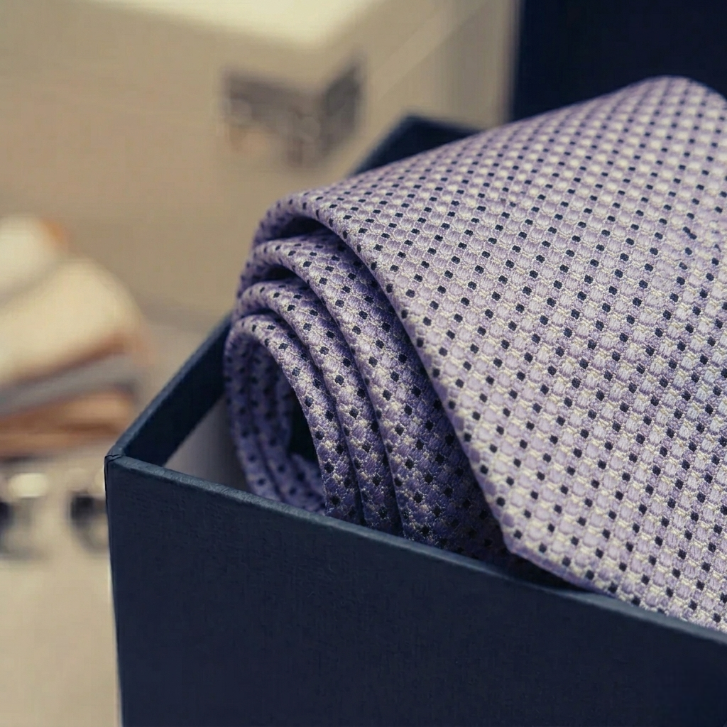 Gravata Jacquard de Seda Lilás Pontos Quadrados Azul e Branco