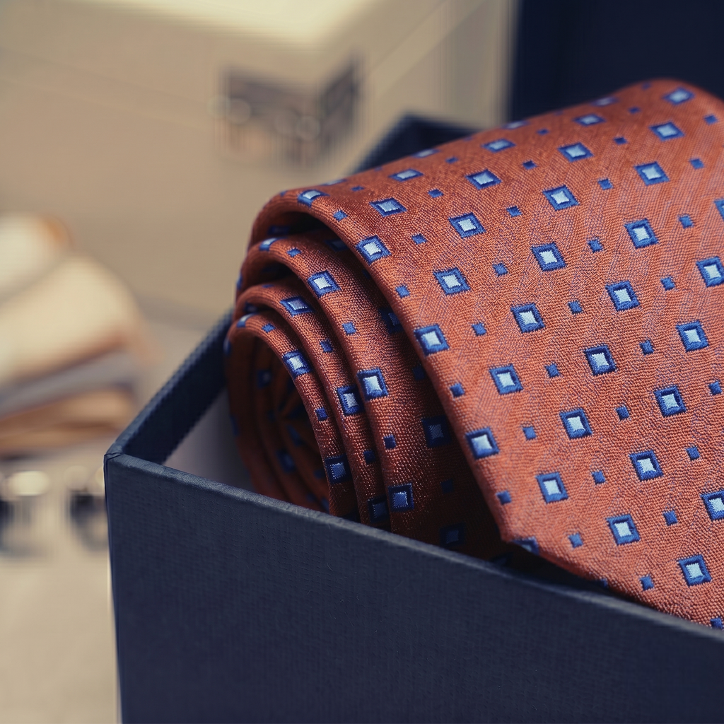 Gravata Laranja Quadrados Prateados e Azuis