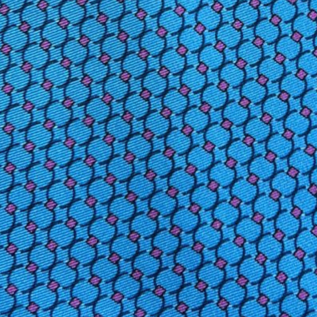 Gravata Seda Azul Claro Argolas e Quadrados Rosa